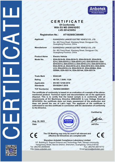 中国 Guangzhou Langjie Electric Vehicle Co., Ltd. 認証