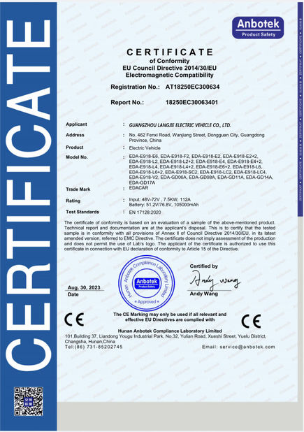 中国 Guangzhou Langjie Electric Vehicle Co., Ltd. 認証